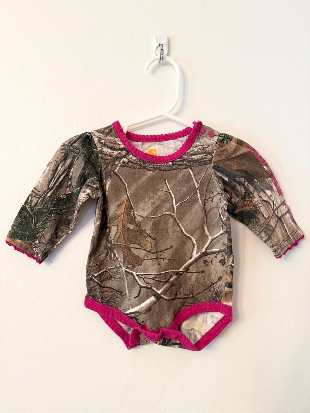 Carhartt Baby Camo Bodysuit 6M Pink Trim Long Sleeve Onesie